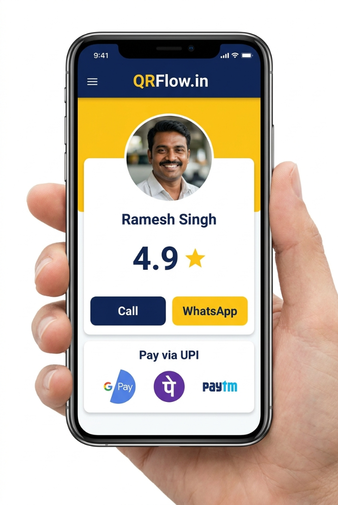 Digital smart QR code profile mockup on a smartphone displaying one-tap call, WhatsApp booking, and UPI payment features for taxi passengers