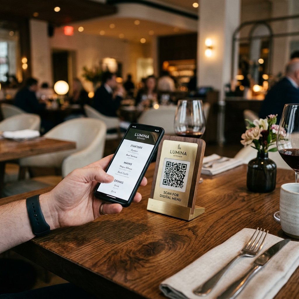 Smartphone scanning a premium wooden restaurant table tent card containing a dynamic QR code to access menus and payments